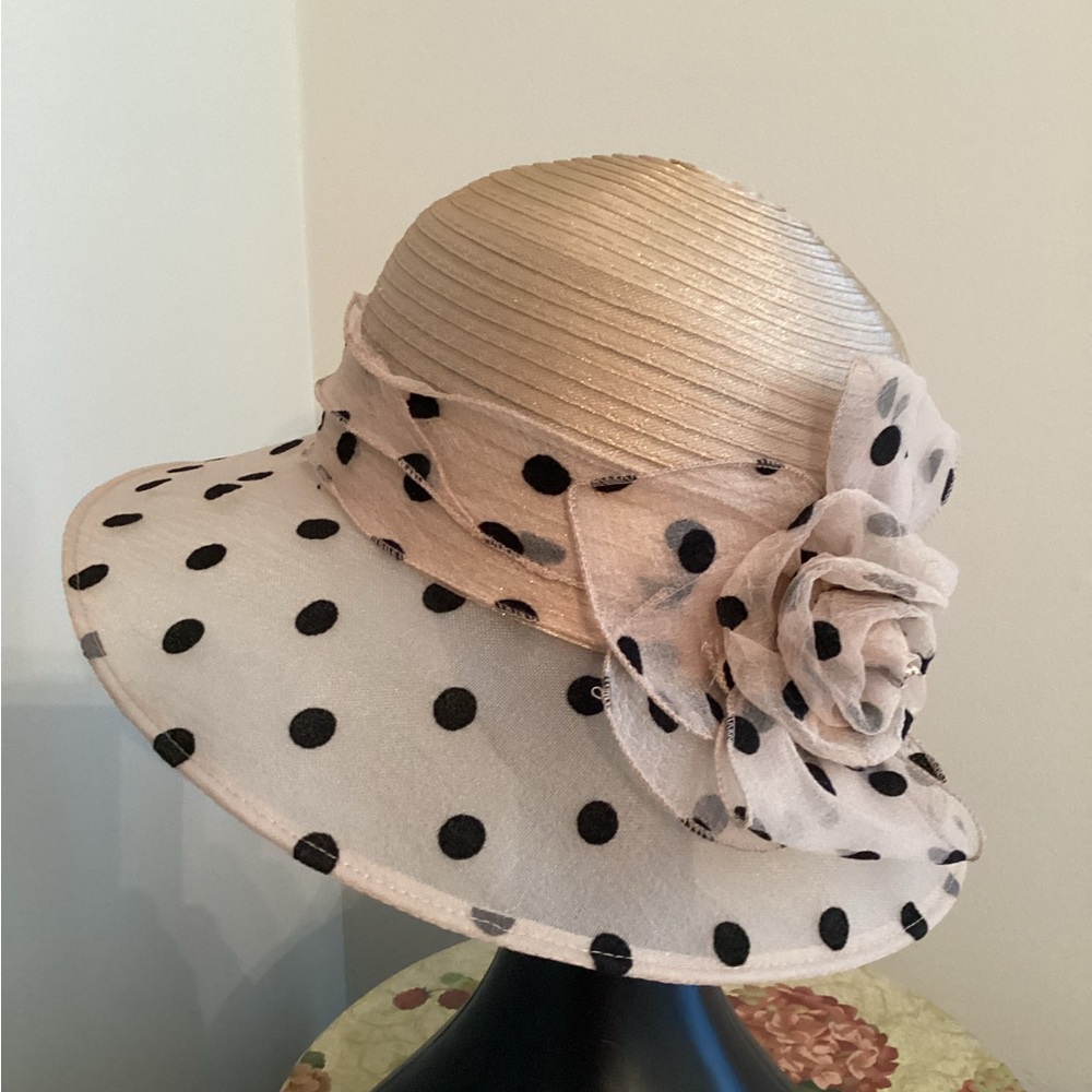Polka Dot Fascinator Hat in Tan Organza & Straw for Horse Derbys Tea Parties